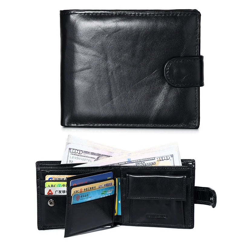 Portefeuille homme cuir véritable trifold noir avec bouton pression et porte-cartes — photo 2
