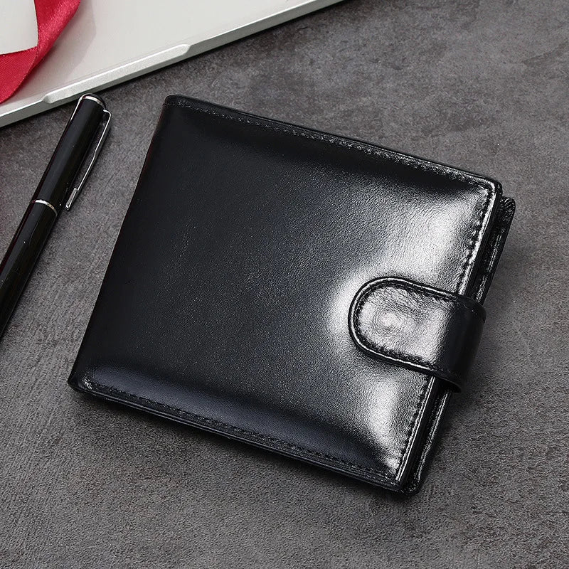Portefeuille homme cuir véritable trifold noir avec bouton pression et porte-cartes — photo 3
