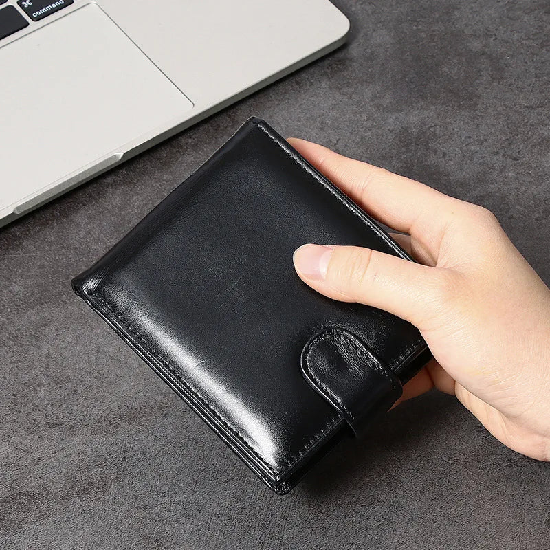 Portefeuille homme cuir véritable trifold noir avec bouton pression et porte-cartes — photo 4 Image