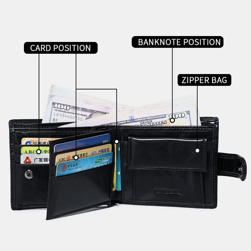 Portefeuille homme cuir véritable trifold noir avec bouton pression et porte-cartes — photo 5