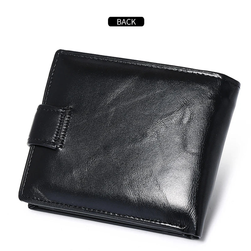 Portefeuille homme cuir véritable trifold noir avec bouton pression et porte-cartes — photo 6