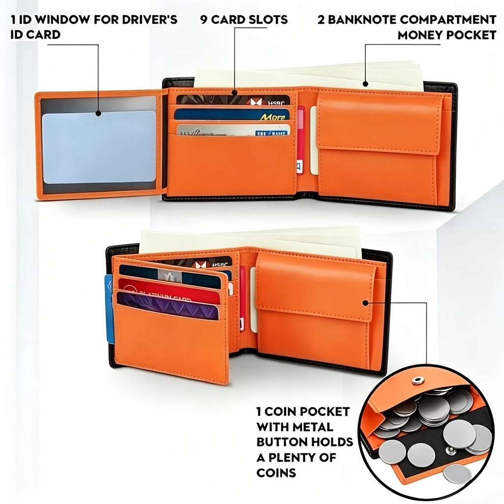Portefeuille homme en cuir première couche, noir et orange