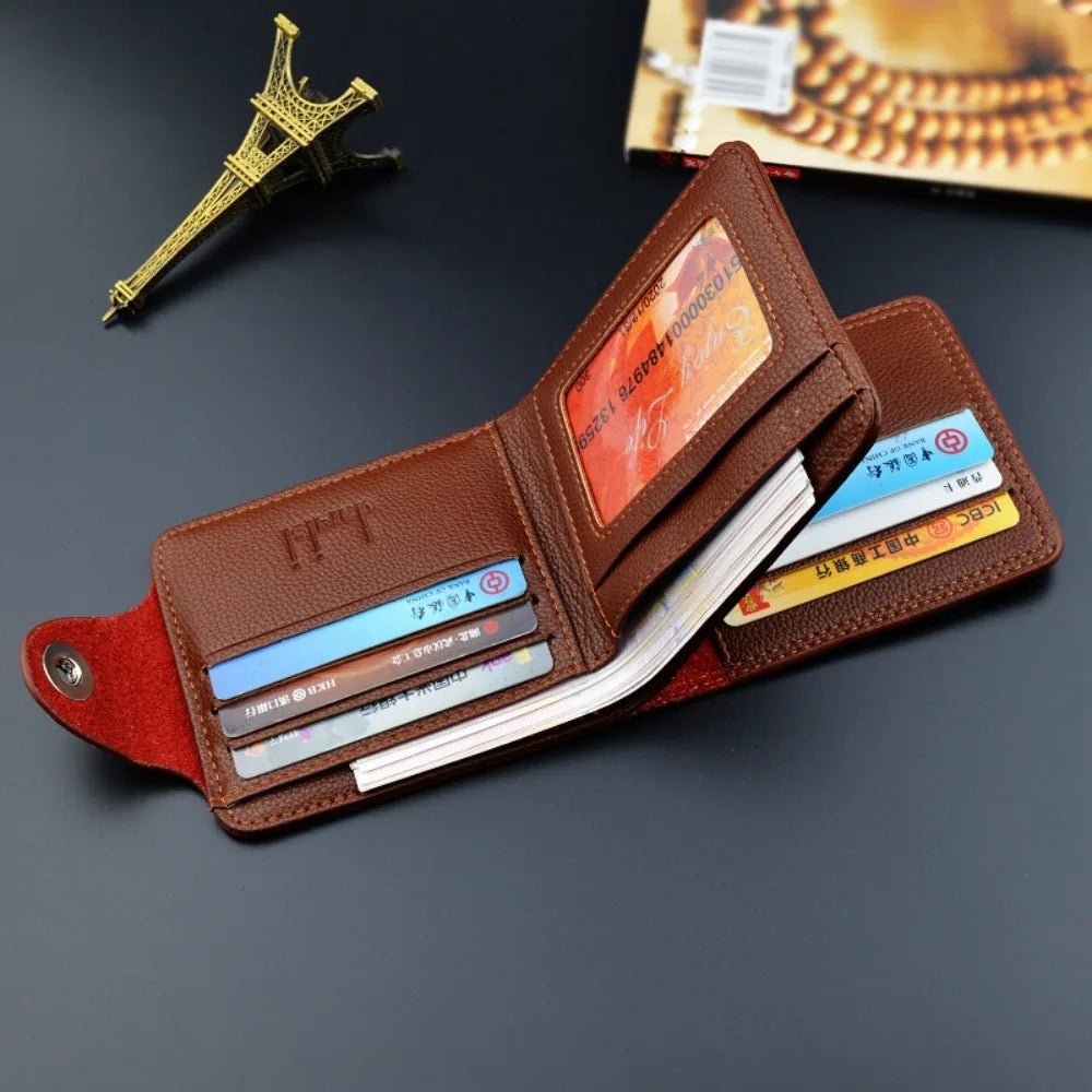 Portefeuille homme compact en cuir PU grainé avec bouton pression et grande capacité — photo 2