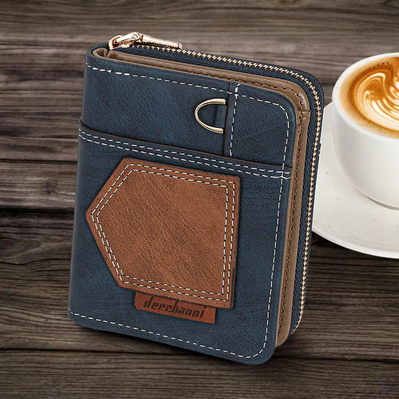 Portefeuille homme compact en cuir PU patchwork avec zip et rabat pliable — photo 1