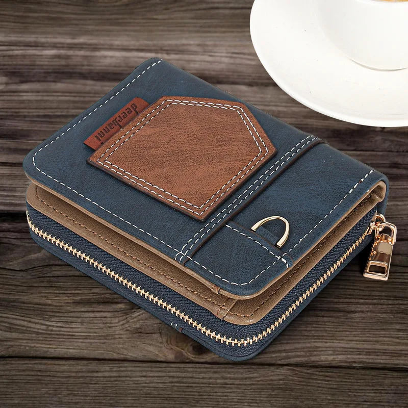 Portefeuille homme compact en cuir PU patchwork avec zip et rabat pliable — photo 2