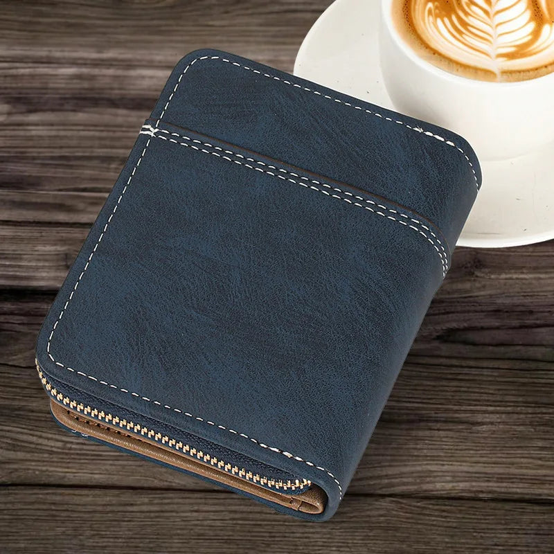 Portefeuille homme compact en cuir PU patchwork avec zip et rabat pliable — photo 4