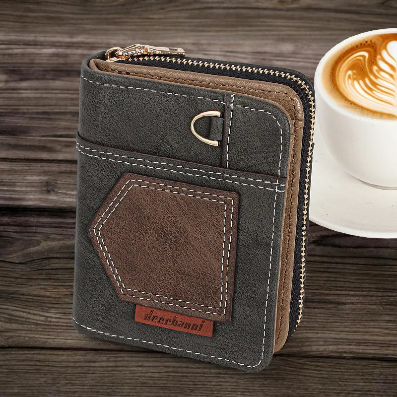 Portefeuille homme compact en cuir PU patchwork avec zip et rabat pliable — photo 5