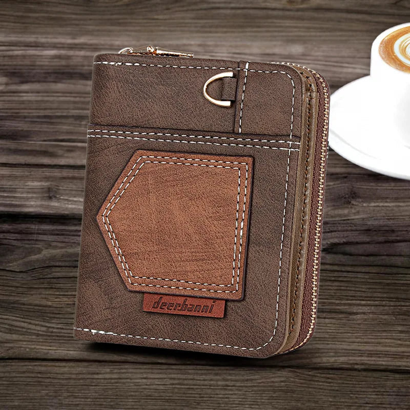 Portefeuille homme compact en cuir PU patchwork avec zip et rabat pliable — photo 6