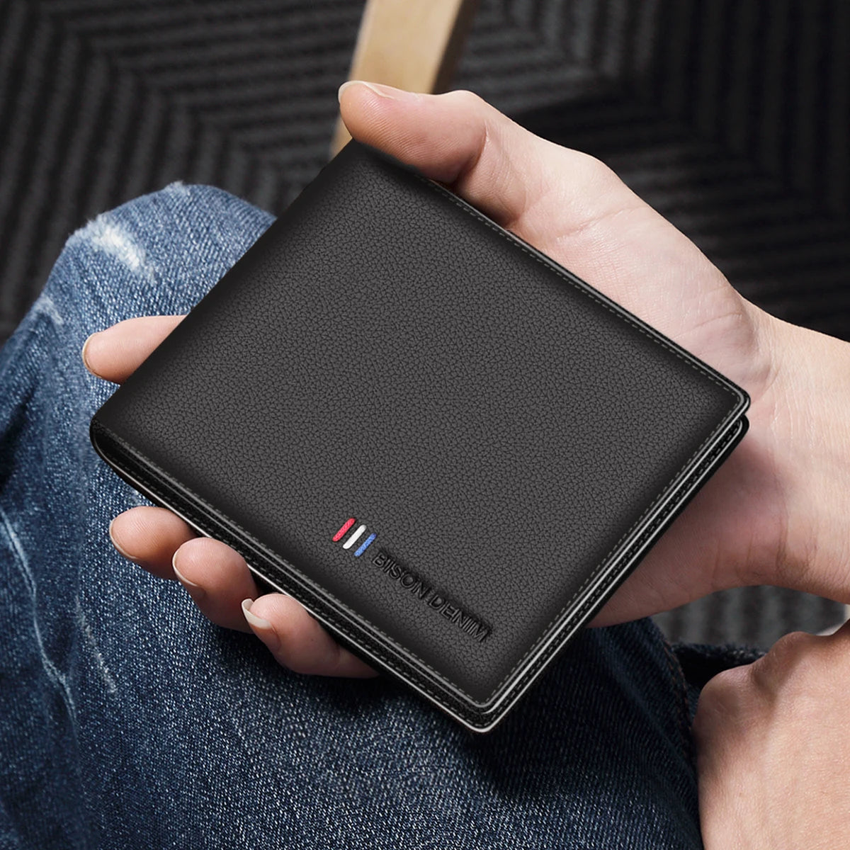 Portefeuille homme en cuir véritable bifold avec RFID et compartiment monnaie zippé — photo 1