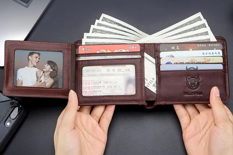 Portefeuille homme cuir véritable compact bifold RFID avec porte-cartes et photo — photo 1