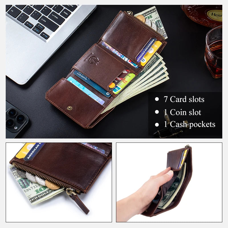 Portefeuille homme trifold en cuir véritable avec RFID, bouton pression et poche zippée — photo 2