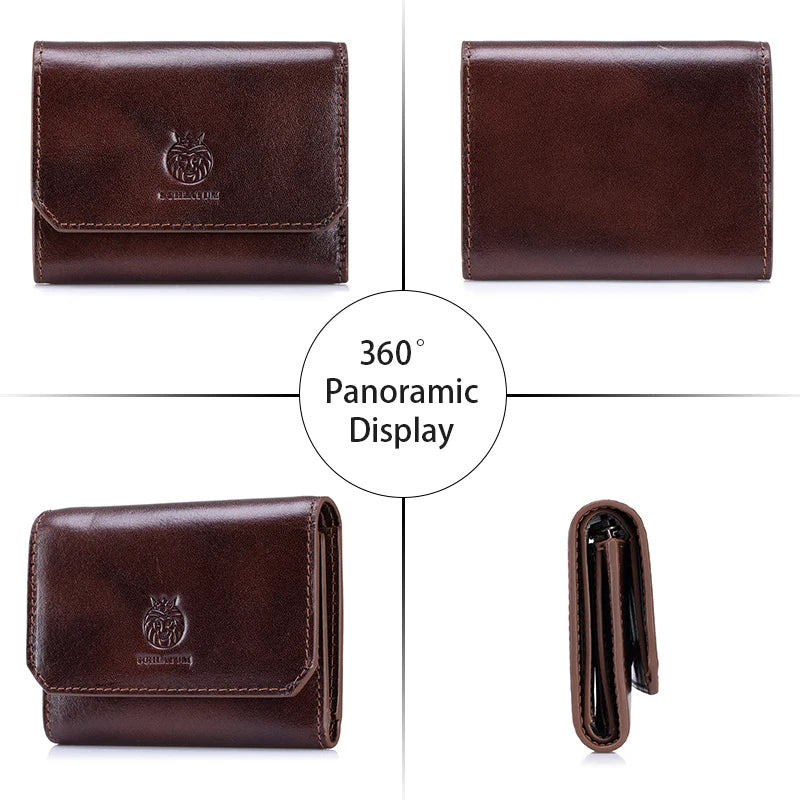 Portefeuille homme trifold en cuir véritable avec RFID, bouton pression et poche zippée — photo 3 Image