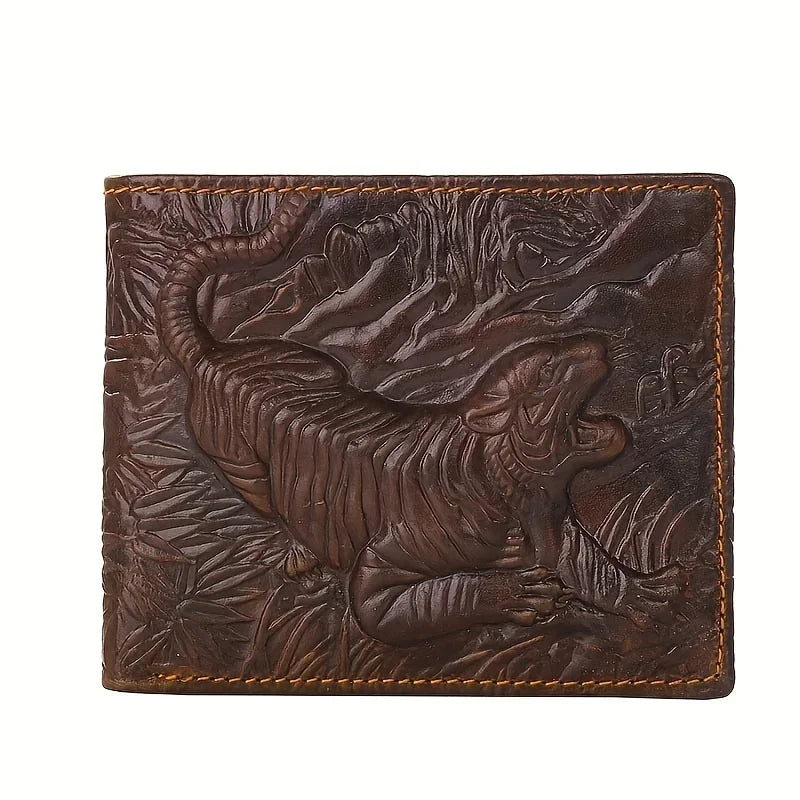 Portefeuille homme cuir véritable vintage motif tigre 3D bifold compact élégant — photo 3