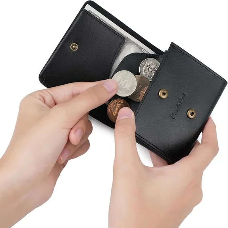 Portefeuille homme cuir véritable trifold compact avec porte-monnaie bouton pression — photo 2