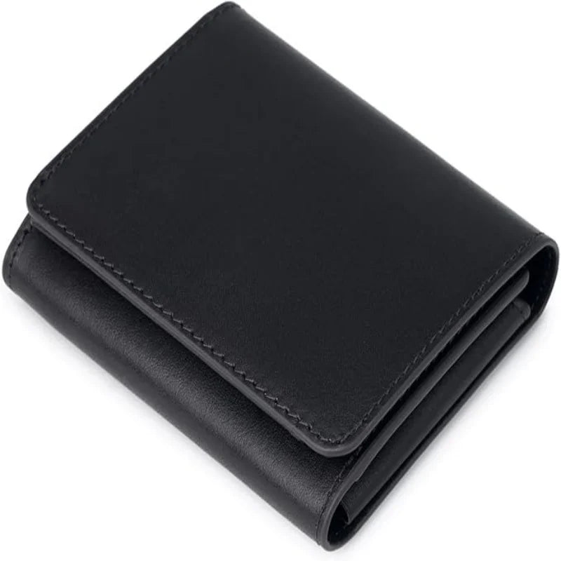 Portefeuille homme cuir véritable trifold compact avec porte-monnaie bouton pression — photo 3