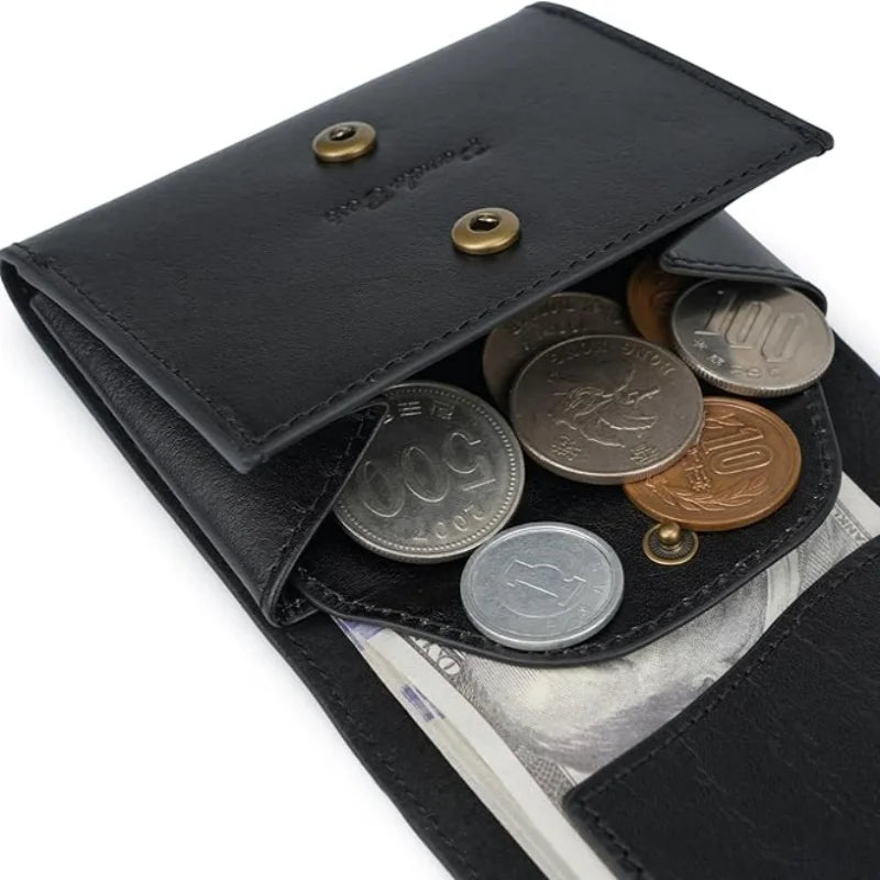 Portefeuille homme cuir véritable trifold compact avec porte-monnaie bouton pression — photo 4