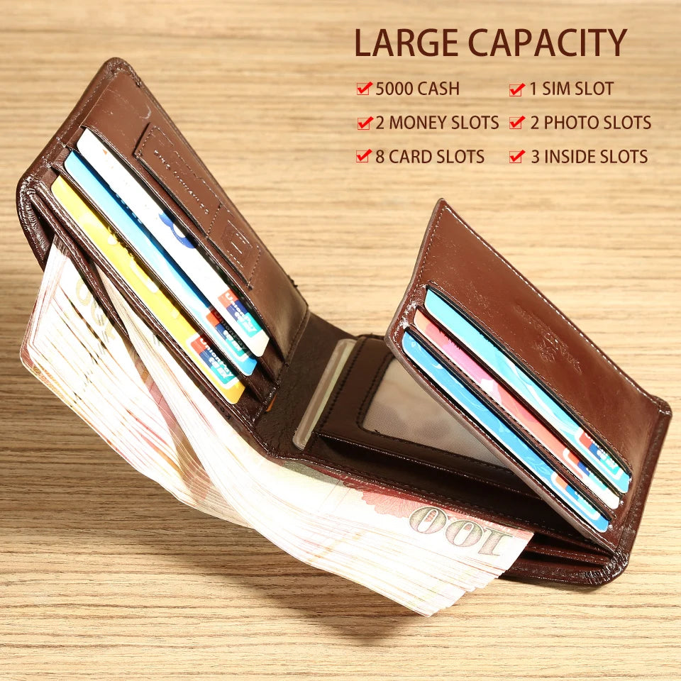Portefeuille homme cuir véritable trifold compact grande capacité avec porte-cartes — photo 2