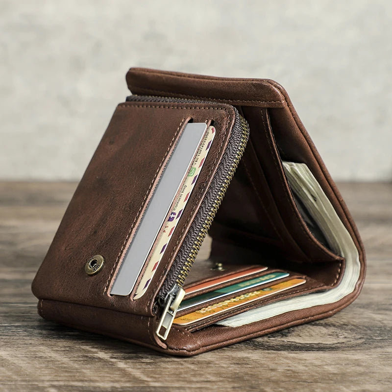 Portefeuille homme cuir véritable trifold compact avec RFID et porte-monnaie zippé — photo 1