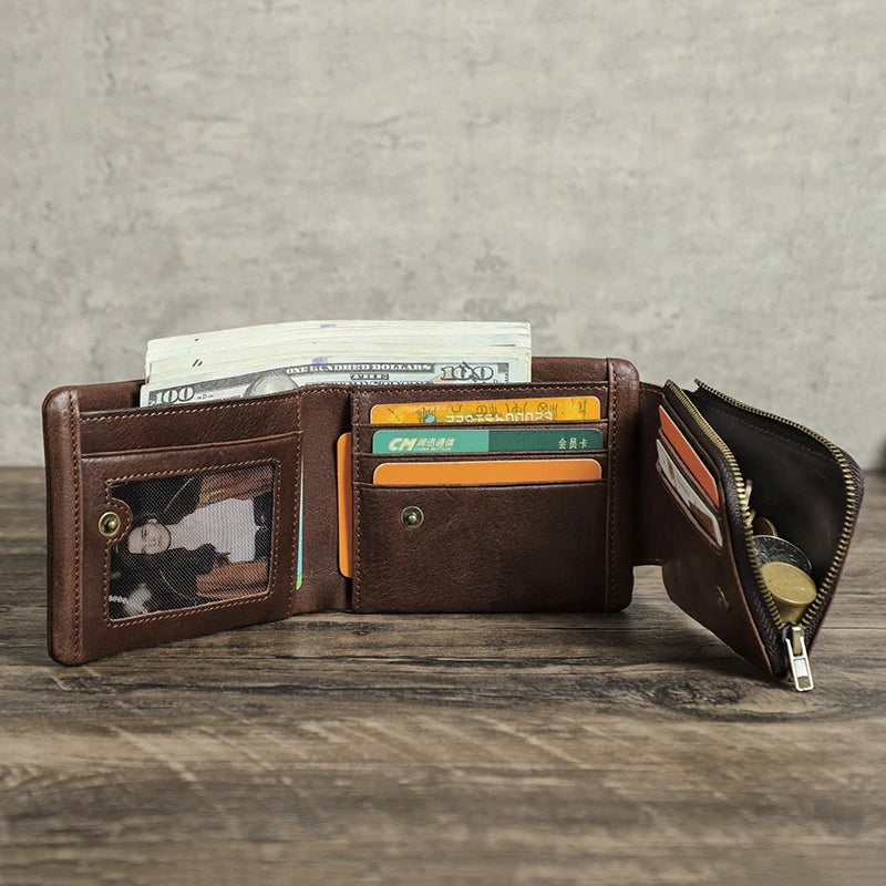 Portefeuille homme cuir véritable trifold compact avec RFID et porte-monnaie zippé — photo 3