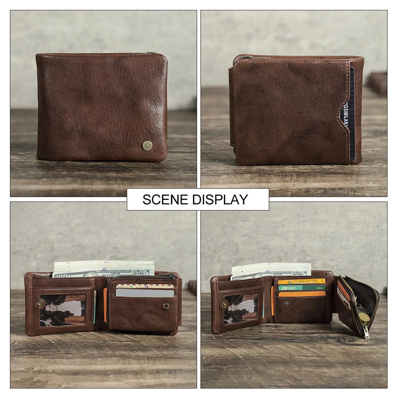 Portefeuille homme cuir véritable trifold compact avec RFID et porte-monnaie zippé — photo 4