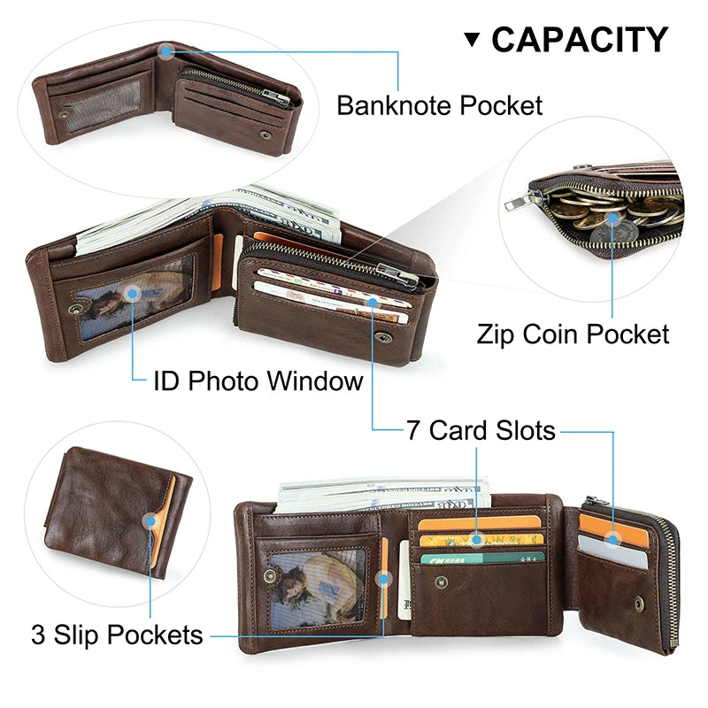 Portefeuille homme cuir véritable trifold compact avec RFID et porte-monnaie zippé — photo 5