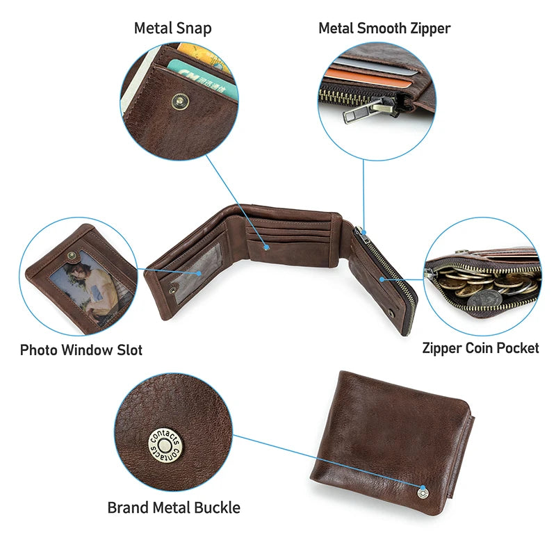 Portefeuille homme cuir véritable trifold compact avec RFID et porte-monnaie zippé — photo 6