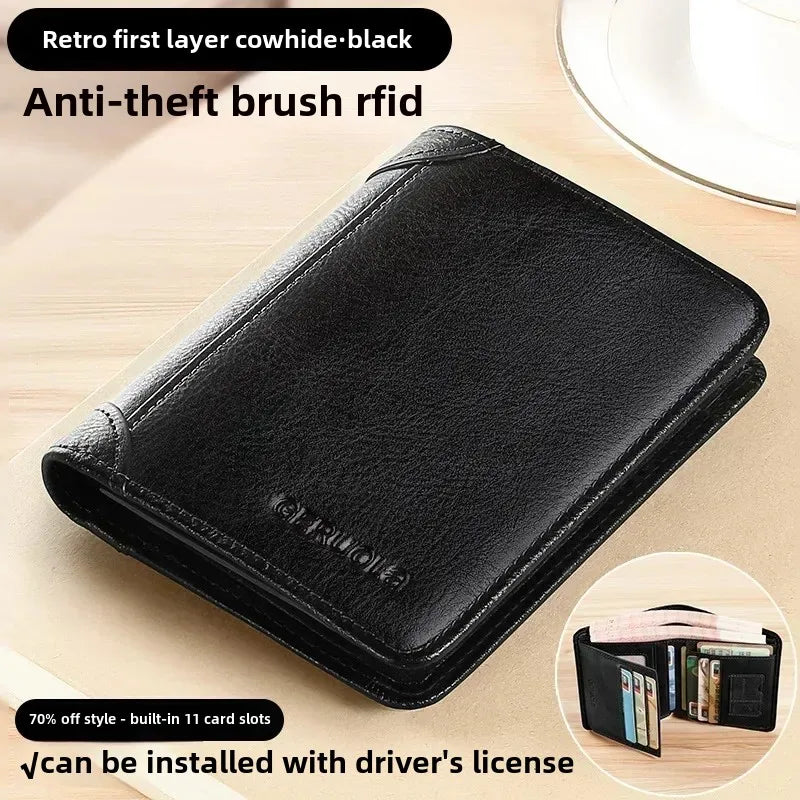 Portefeuille homme cuir véritable trifold RFID compact avec porte-cartes et billets — photo 11