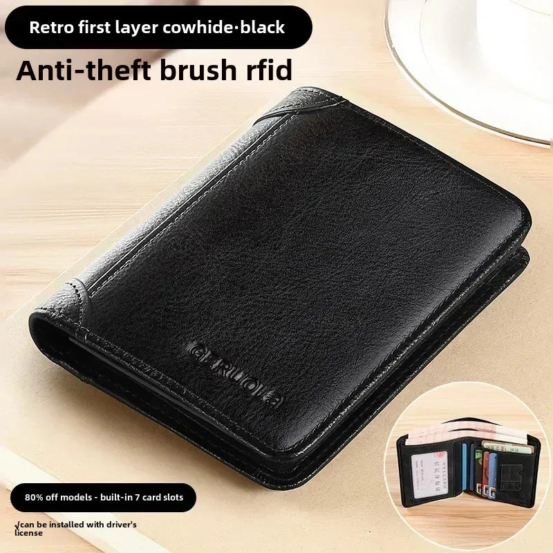 Portefeuille homme cuir véritable trifold RFID compact avec porte-cartes et billets — photo 12