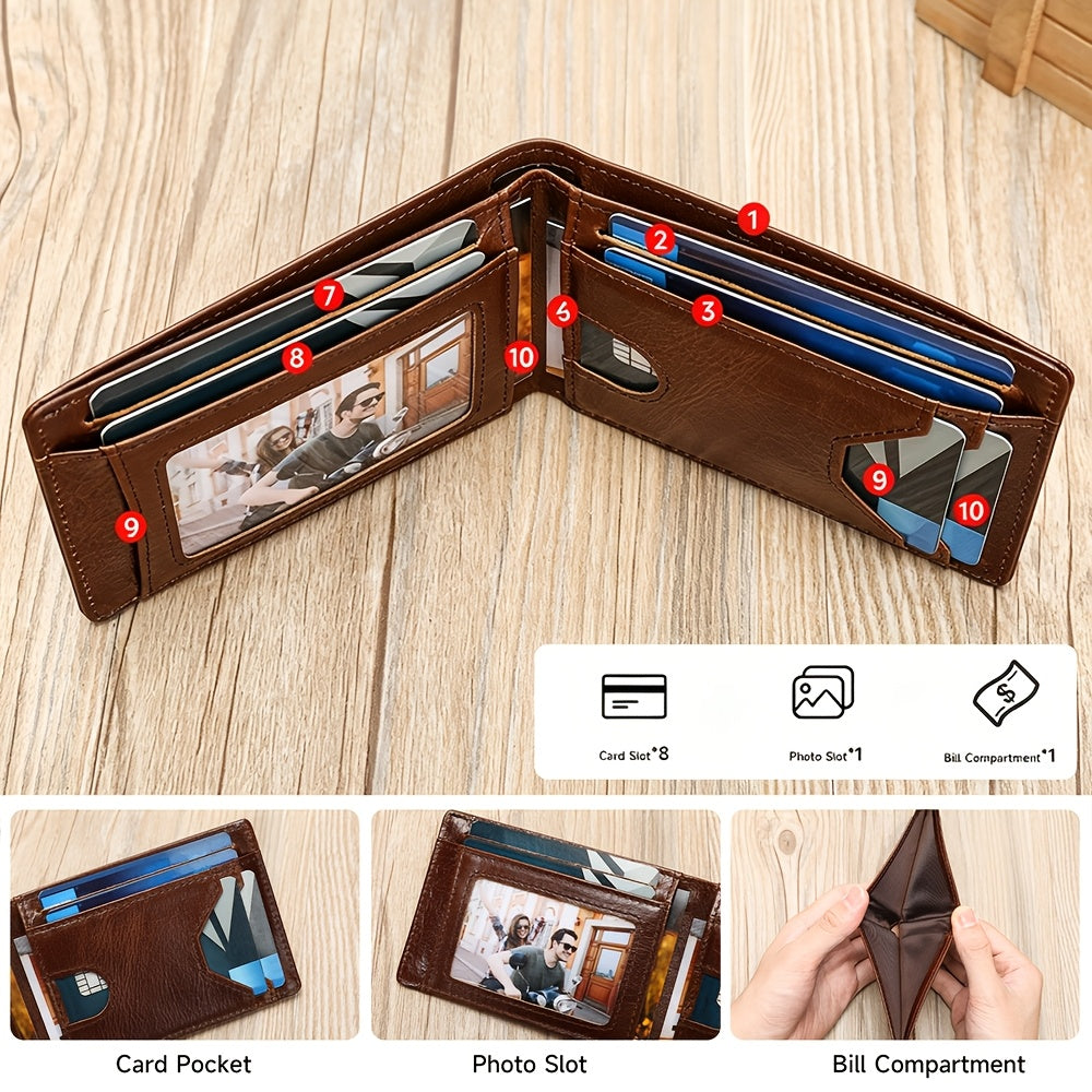 Portefeuille homme en cuir de vachette, 8 cartes et photo