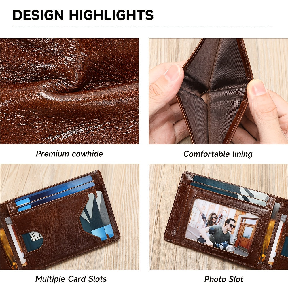 Portefeuille homme en cuir de vachette, 8 cartes et photo