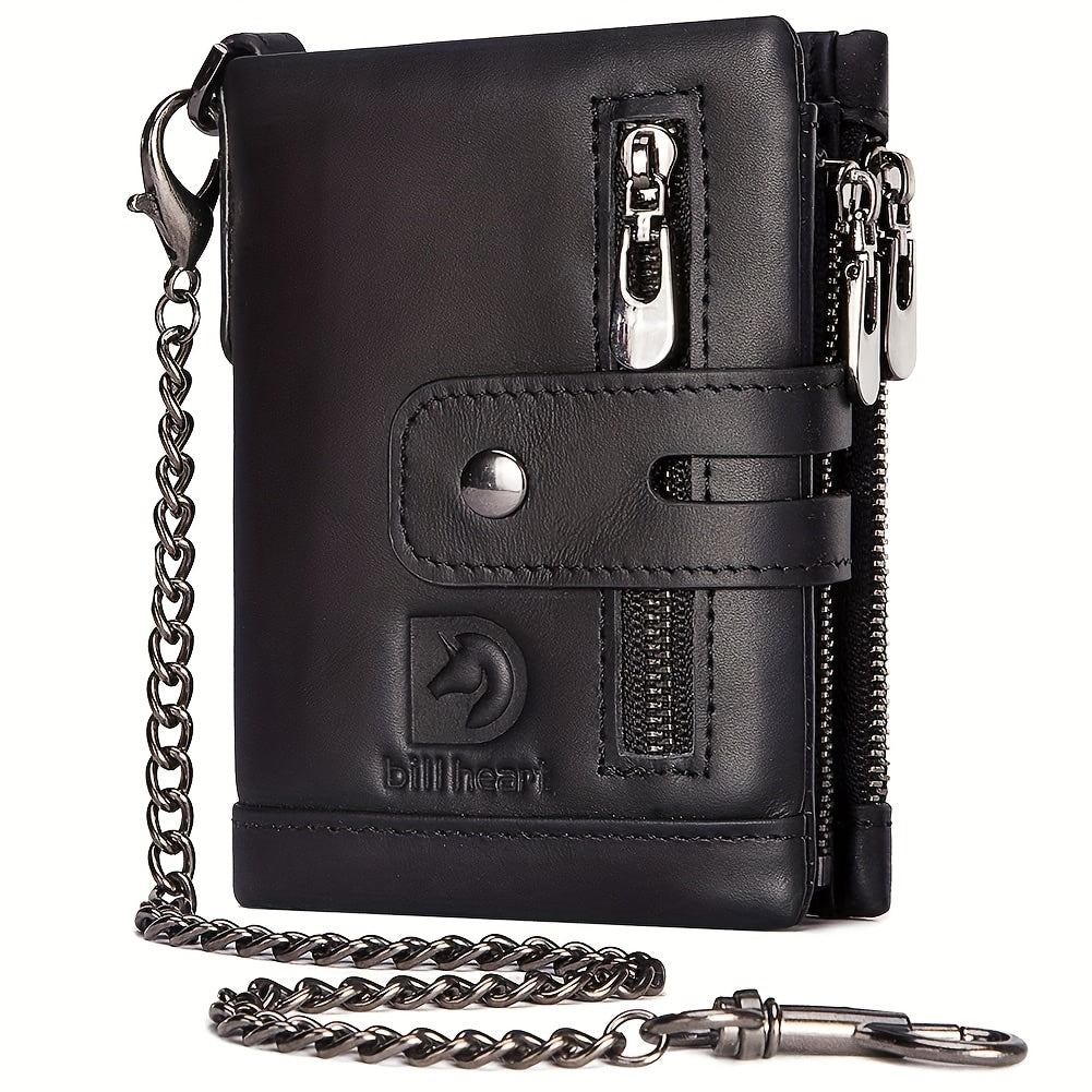Portefeuille homme cuir de vachette à chaîne, anti-RFID