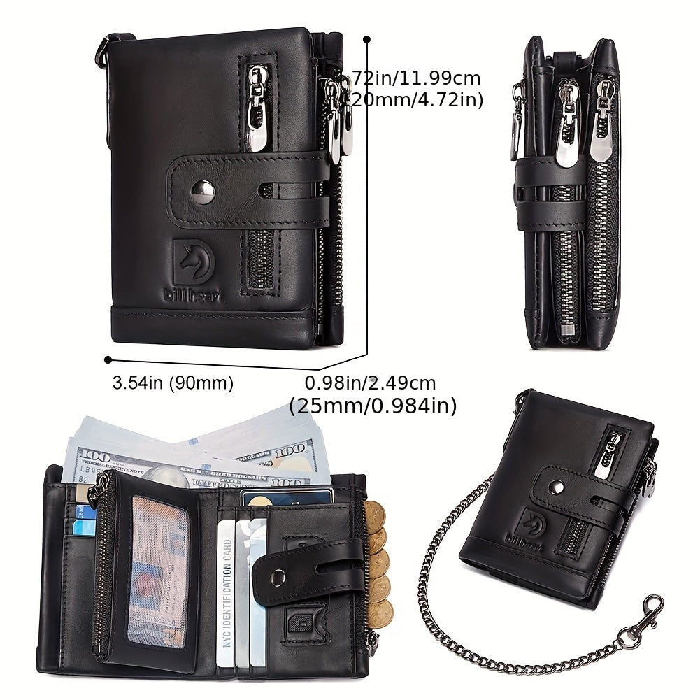 Portefeuille homme cuir de vachette à chaîne, anti-RFID