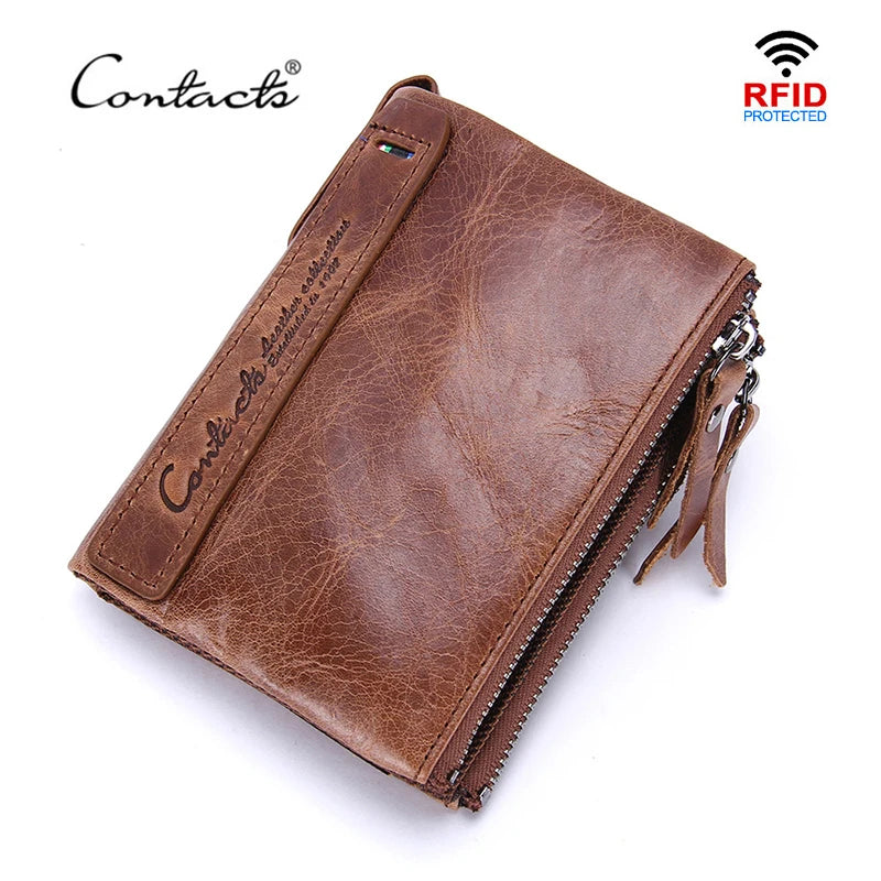 Portefeuille homme en cuir véritable avec double zip et porte-cartes sécurisé compact — photo 1