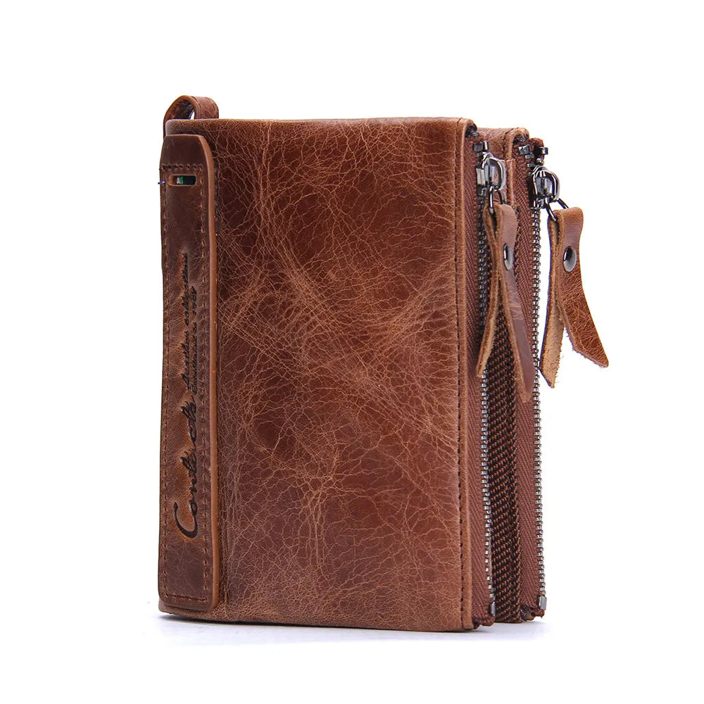 Portefeuille homme en cuir véritable avec double zip et porte-cartes sécurisé compact — photo 15