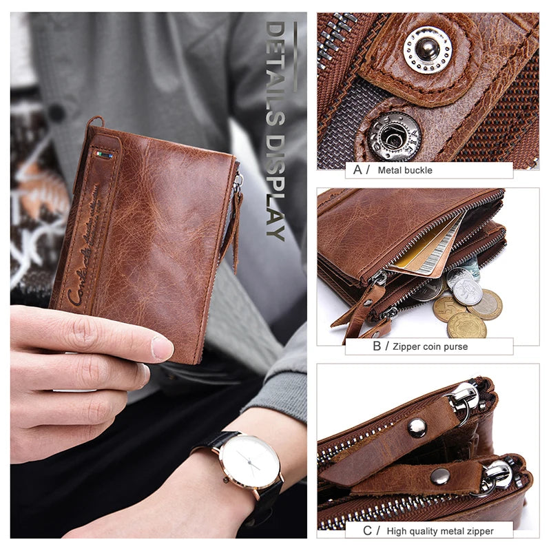 Portefeuille homme en cuir véritable avec double zip et porte-cartes sécurisé compact — photo 2