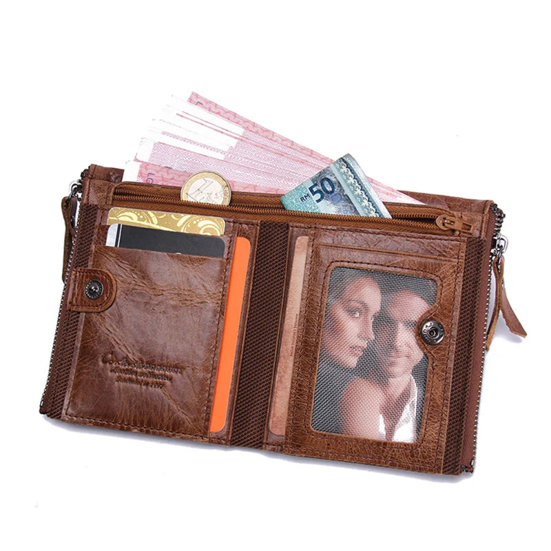 Portefeuille homme en cuir véritable avec double zip et porte-cartes sécurisé compact — photo 3