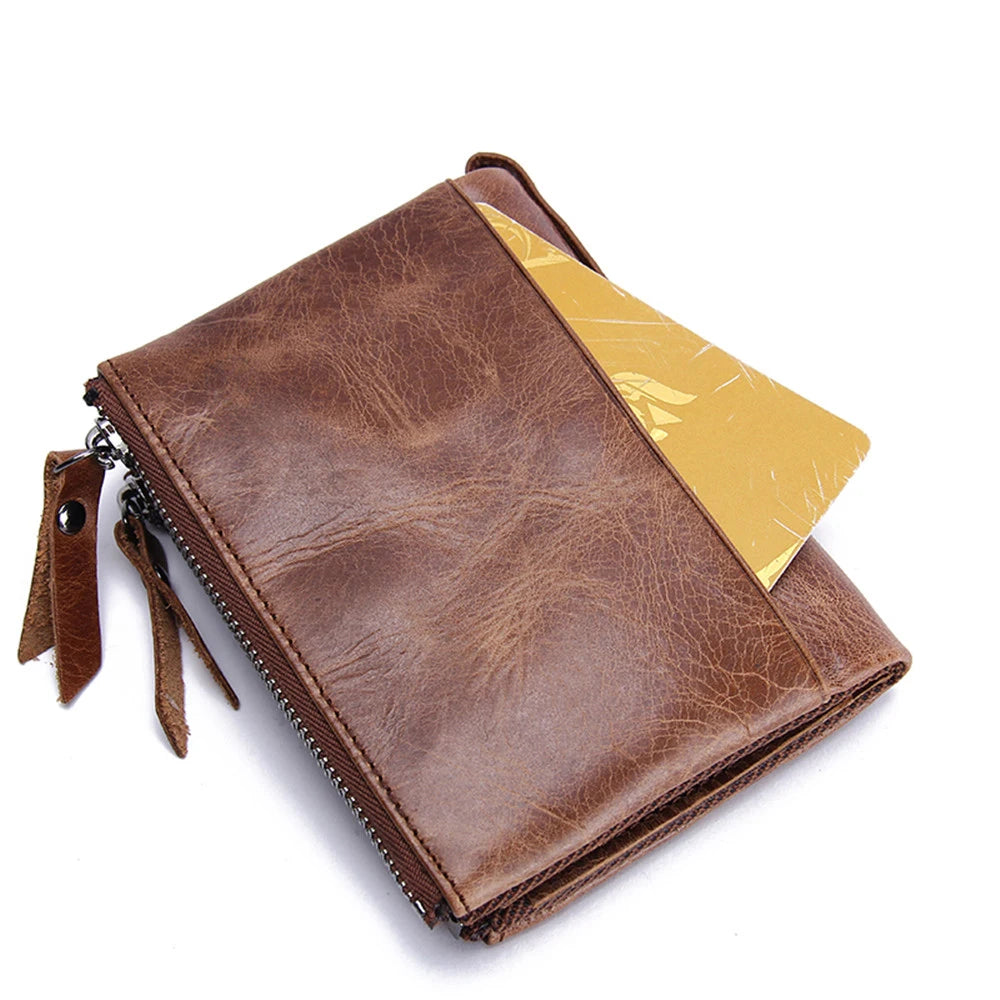 Portefeuille homme en cuir véritable avec double zip et porte-cartes sécurisé compact — photo 4