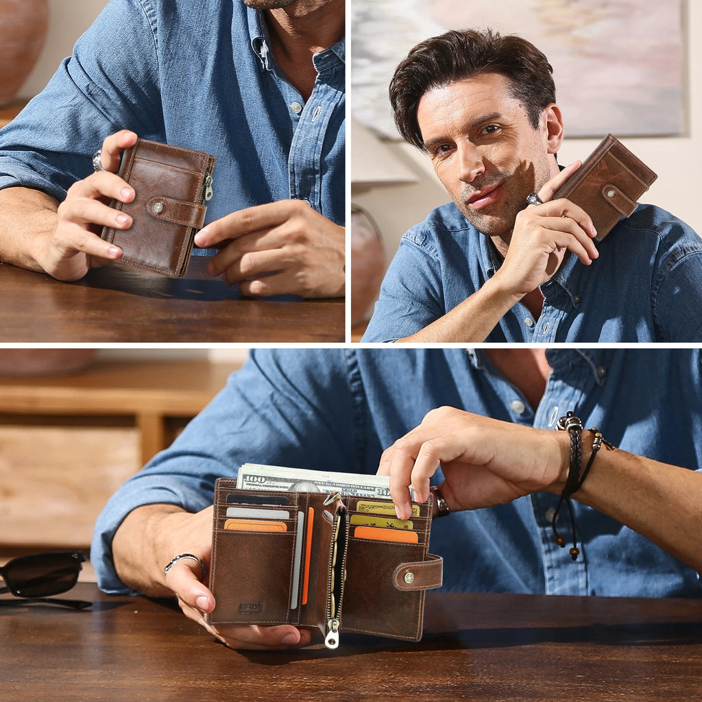 Portefeuille homme en cuir véritable pleine fleur avec porte-monnaie zippé — photo 1