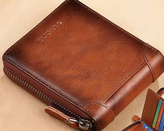 Portefeuille homme en cuir véritable avec protection RFID et fermeture éclair — photo 1