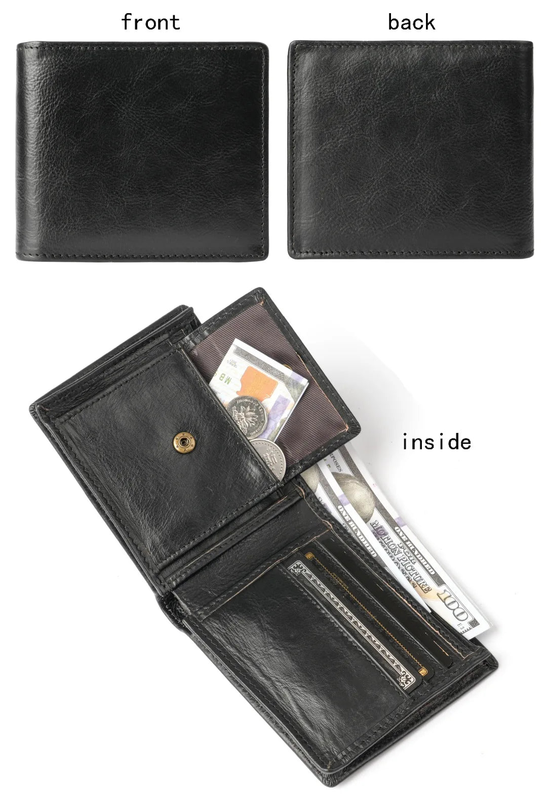 Portefeuille homme court en cuir véritable souple avec porte-monnaie zippé et multi-emplacements cartes — photo 10