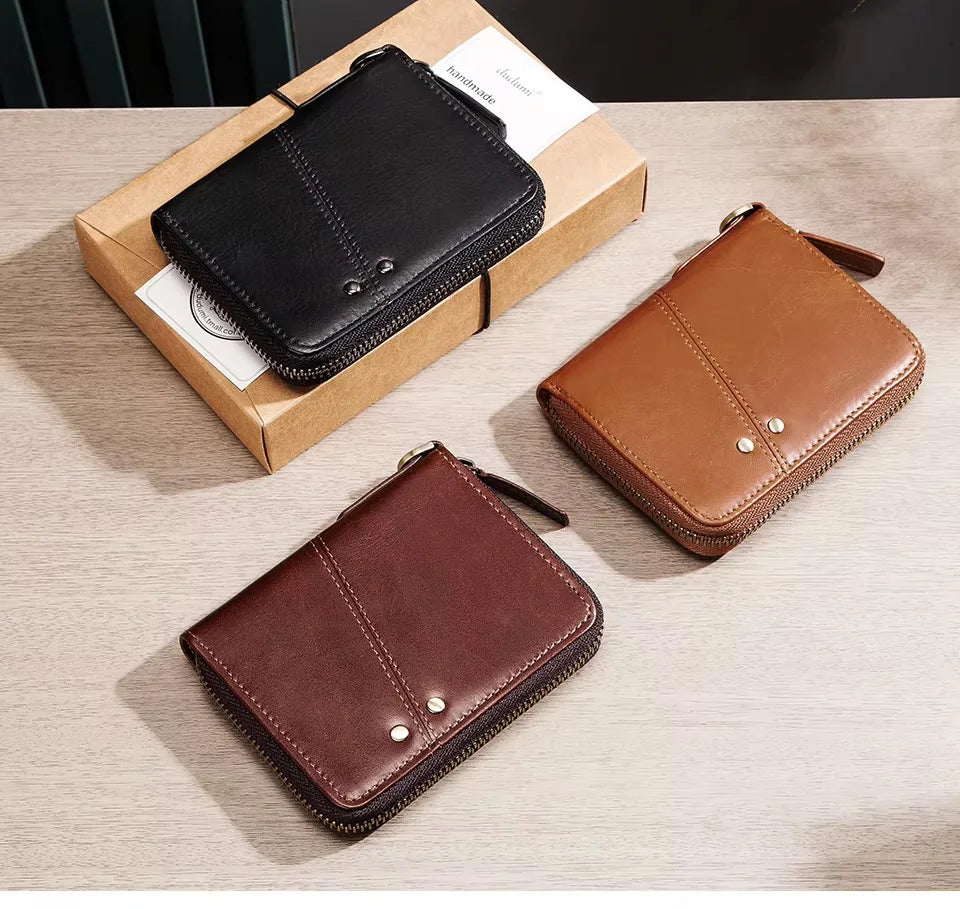 Portefeuille homme en cuir véritable vintage avec zip et rabat compact — photo 1