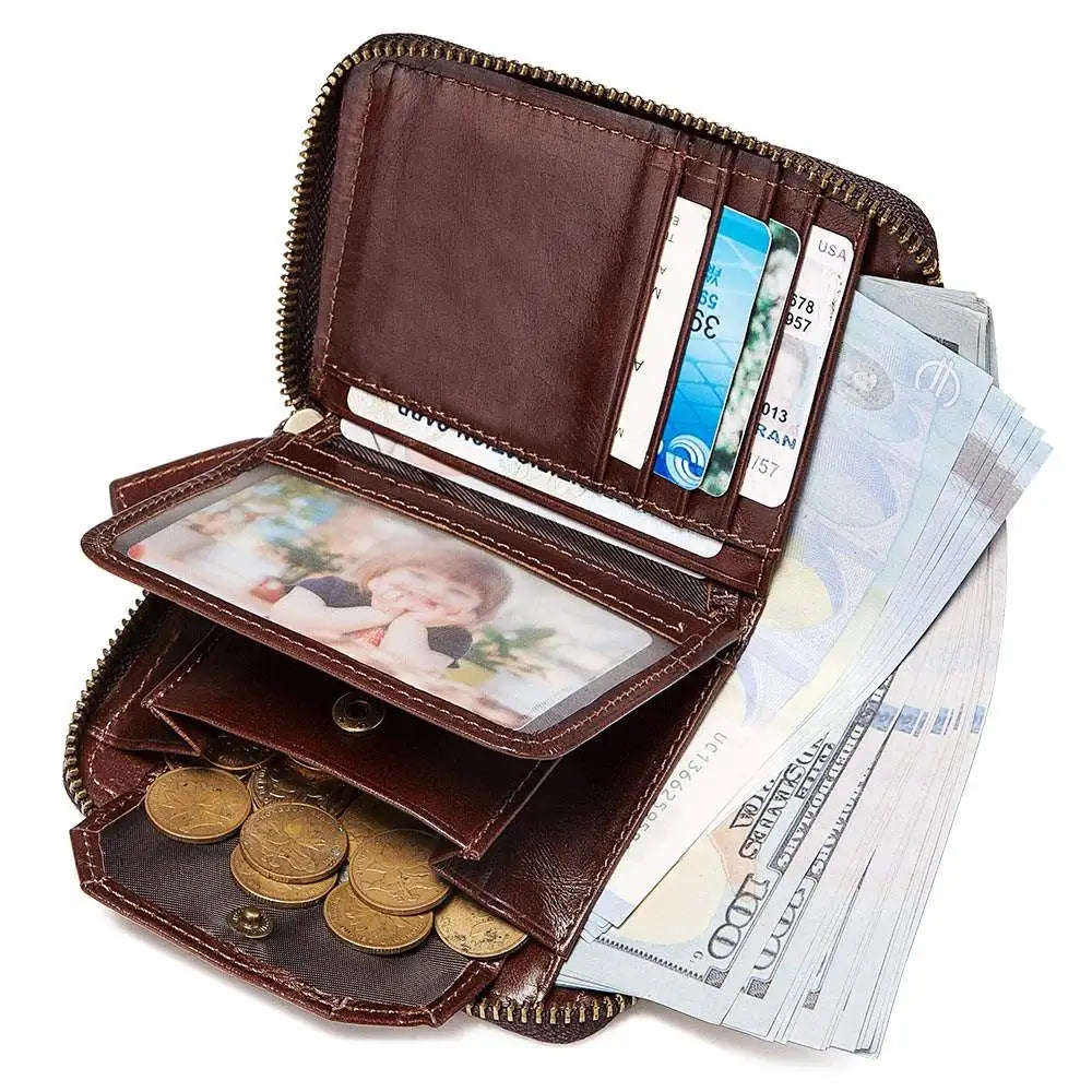 Portefeuille homme en cuir véritable vintage avec zip et rabat compact — photo 2