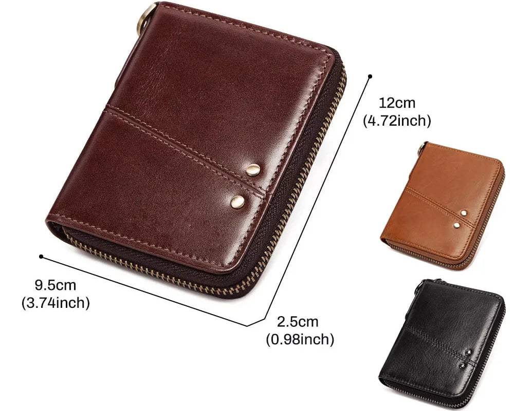 Portefeuille homme en cuir véritable vintage avec zip et rabat compact — photo 4