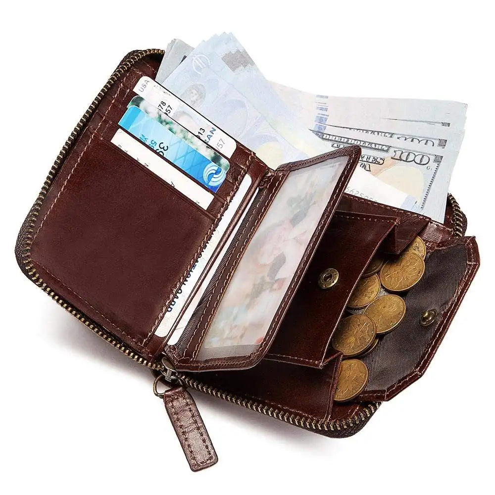 Portefeuille homme en cuir véritable vintage avec zip et rabat compact — photo 5 Image