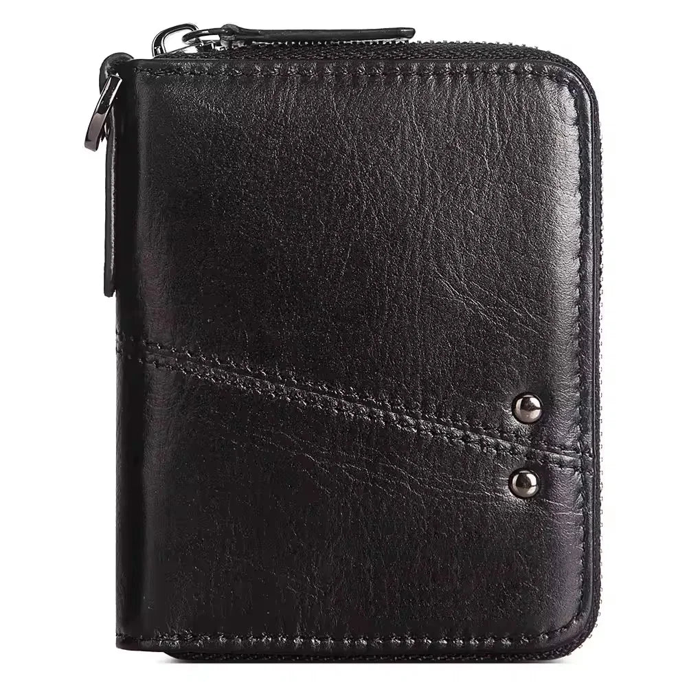 Portefeuille homme en cuir véritable vintage avec zip et rabat compact — photo 6
