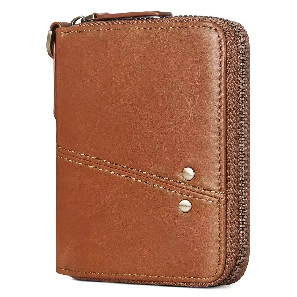 Portefeuille homme en cuir véritable vintage avec zip et rabat compact — photo 7