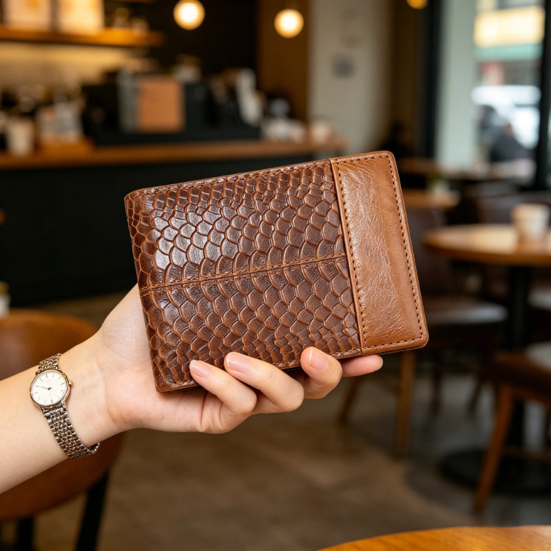 Portefeuille homme gaufré écailles en cuir PU, trois teintes