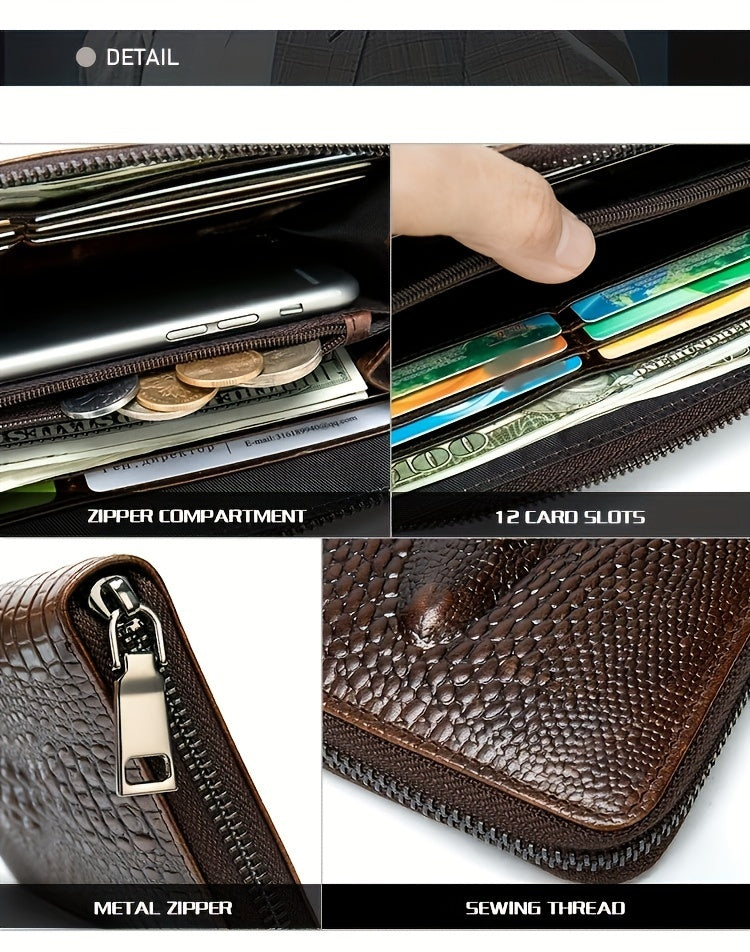 Portefeuille homme long croco, douze fentes et zip intégral