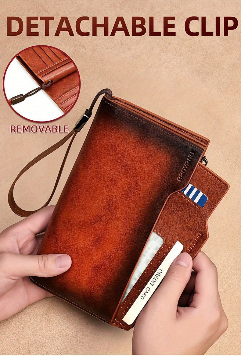 Portefeuille homme long en cuir, 26 cartes et pince amovible