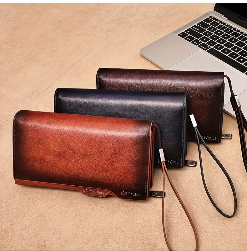 Portefeuille homme long en cuir, 26 cartes et pince amovible